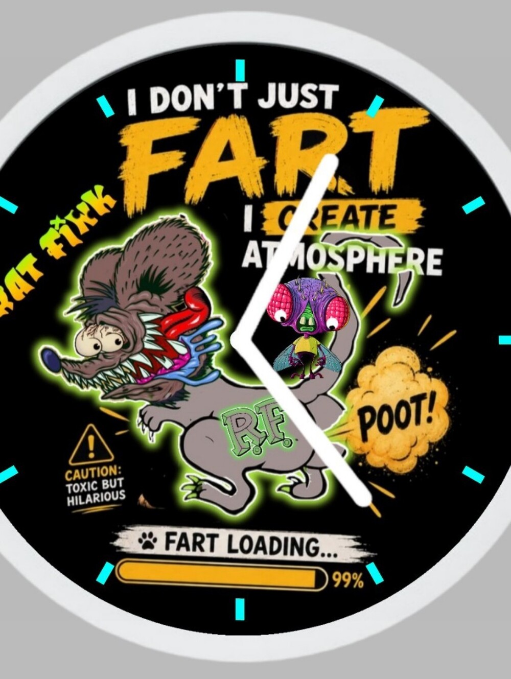 Humorous Rat Fink And His Pet Fly Clock - Black "I Don't Just Fart" Design